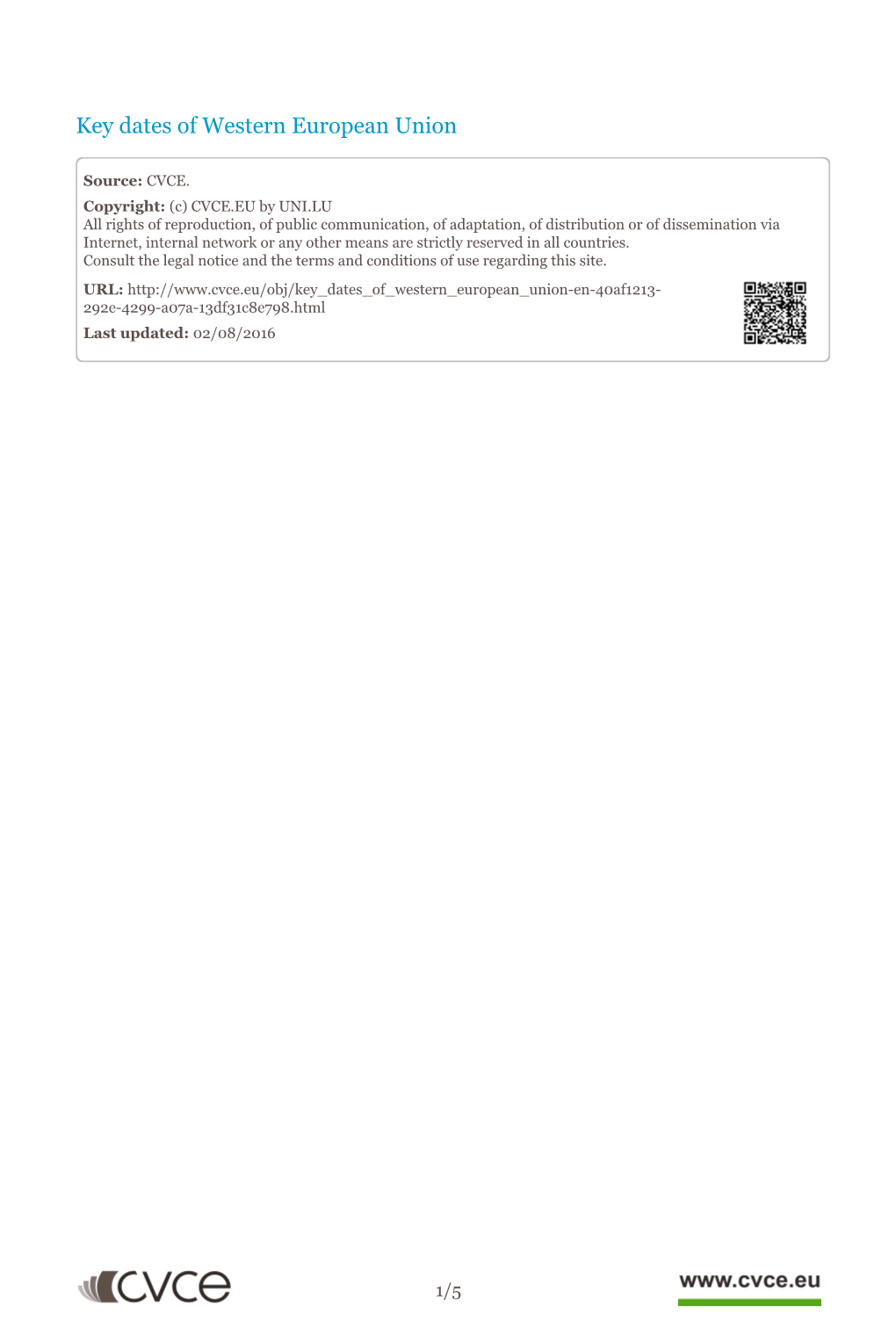 Key Dates of Western European Union