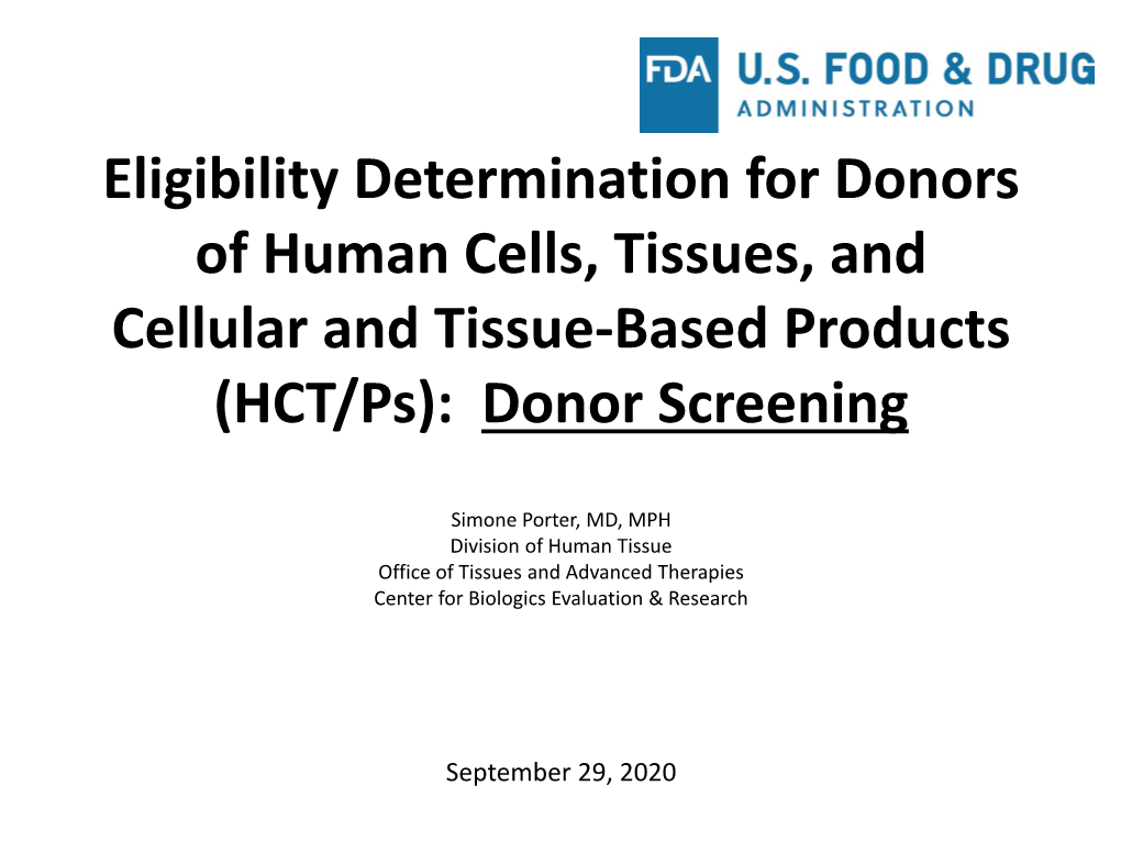 (HCT/Ps): Donor Screening