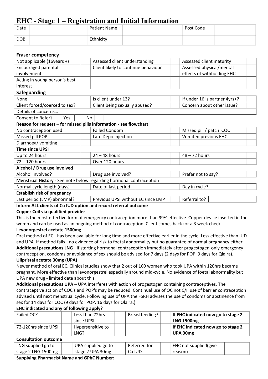 EHC - Stage 1 – Registration and Initial Information Date Patient Name Post Code