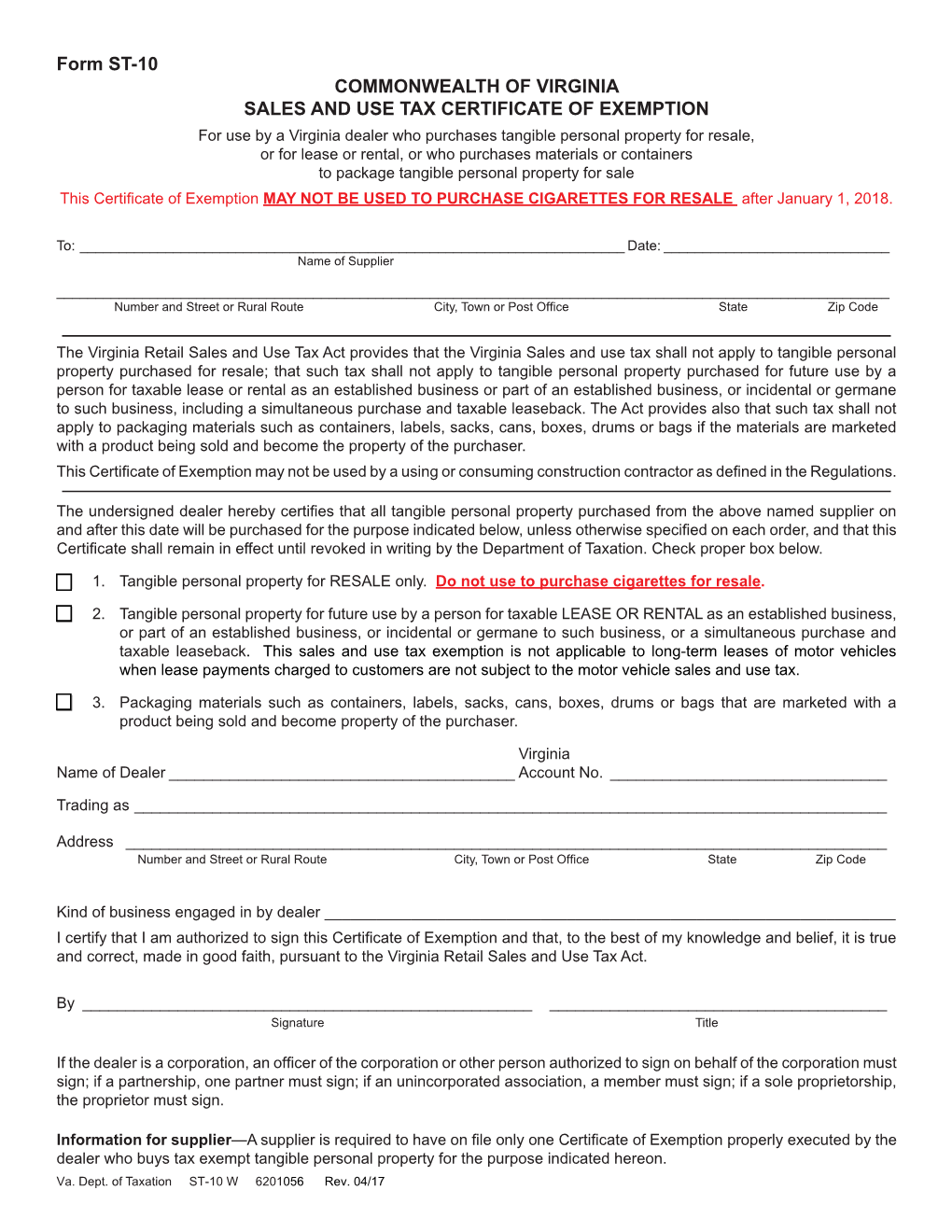 Virginia Form ST-10 Sales and Use Tax Certificate of Exemption