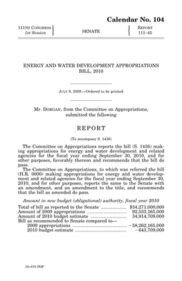 FY 2010 Energy and Water Appropriations, Senate Report