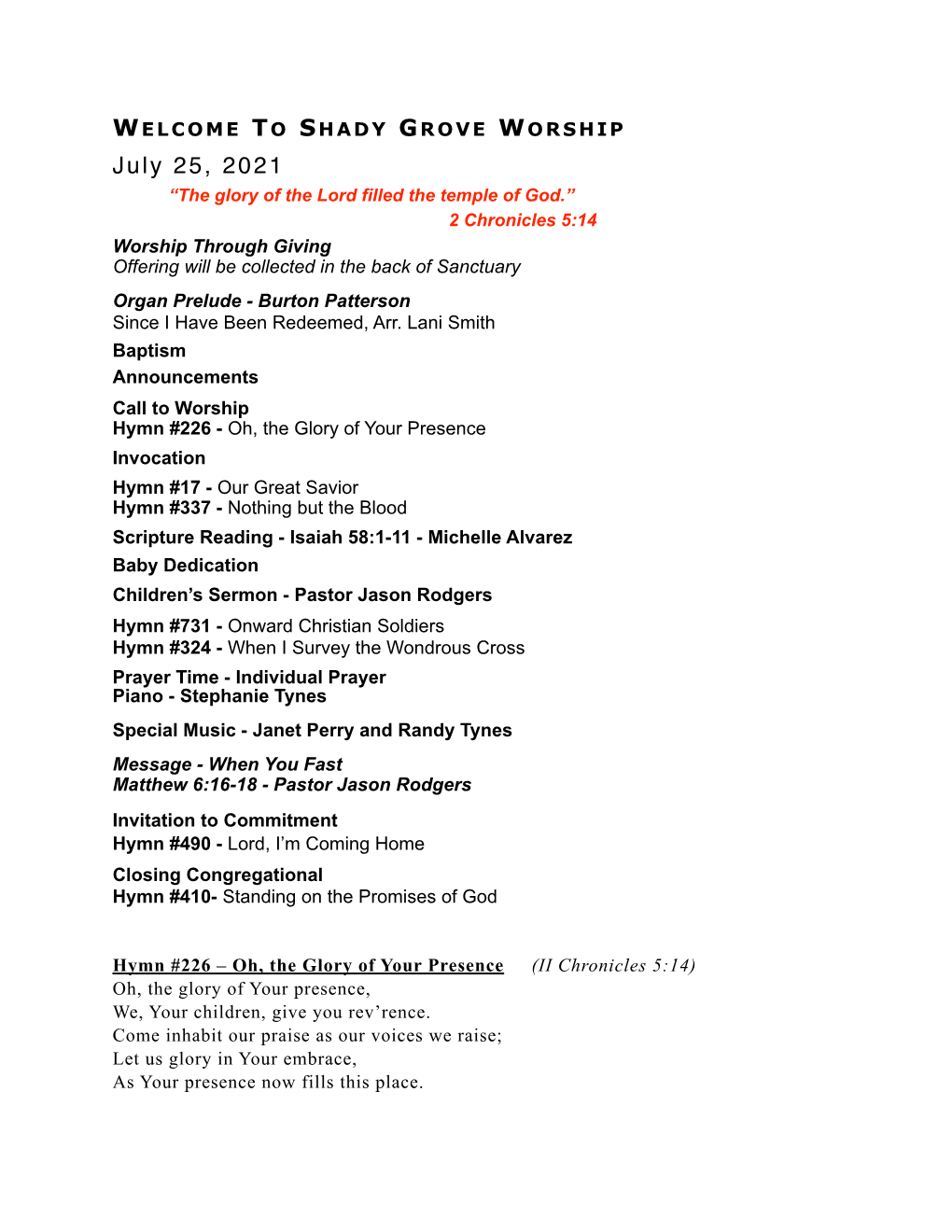Order of Service July 25, 2021