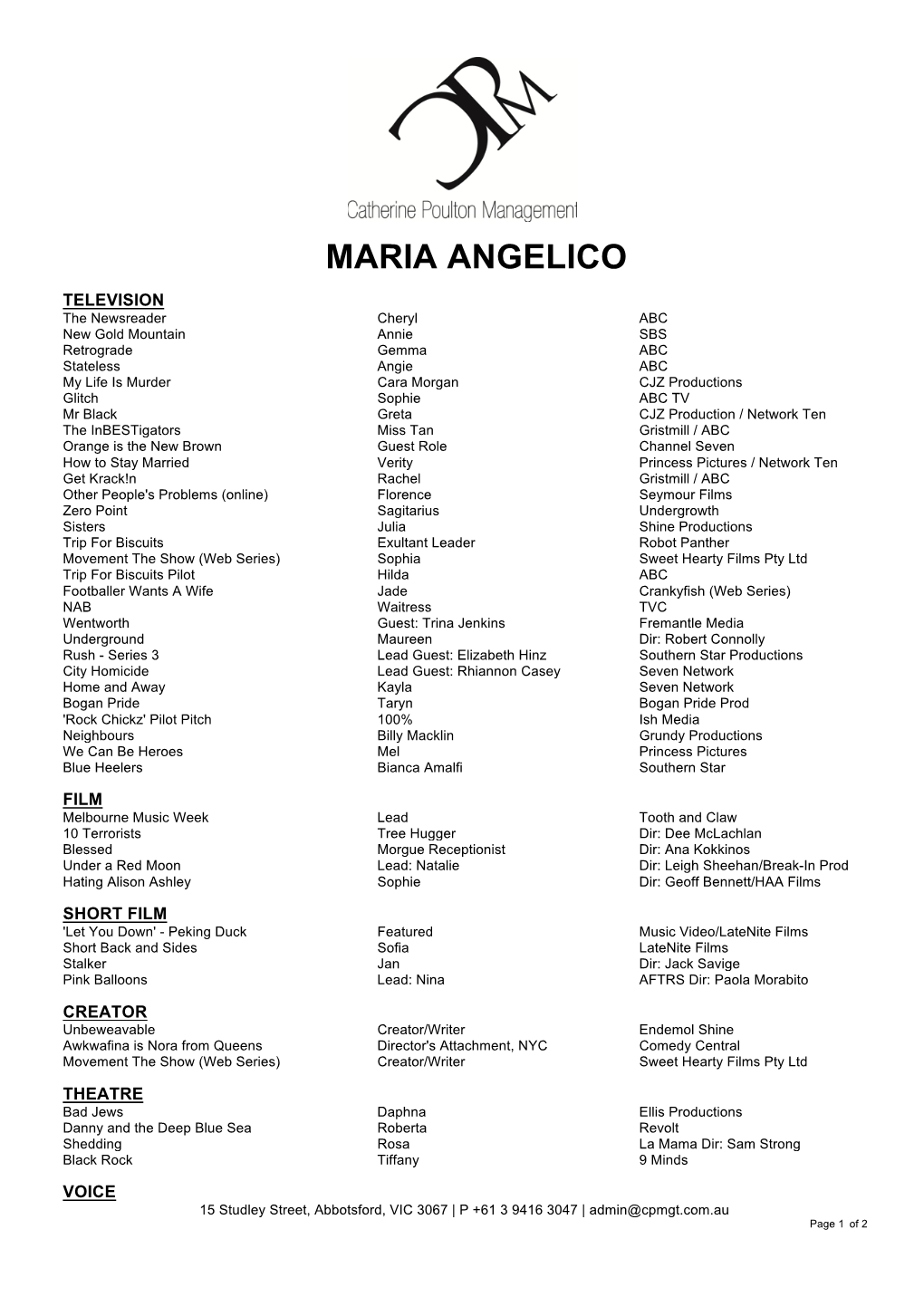 MARIA ANGELICO Theatrical Resume