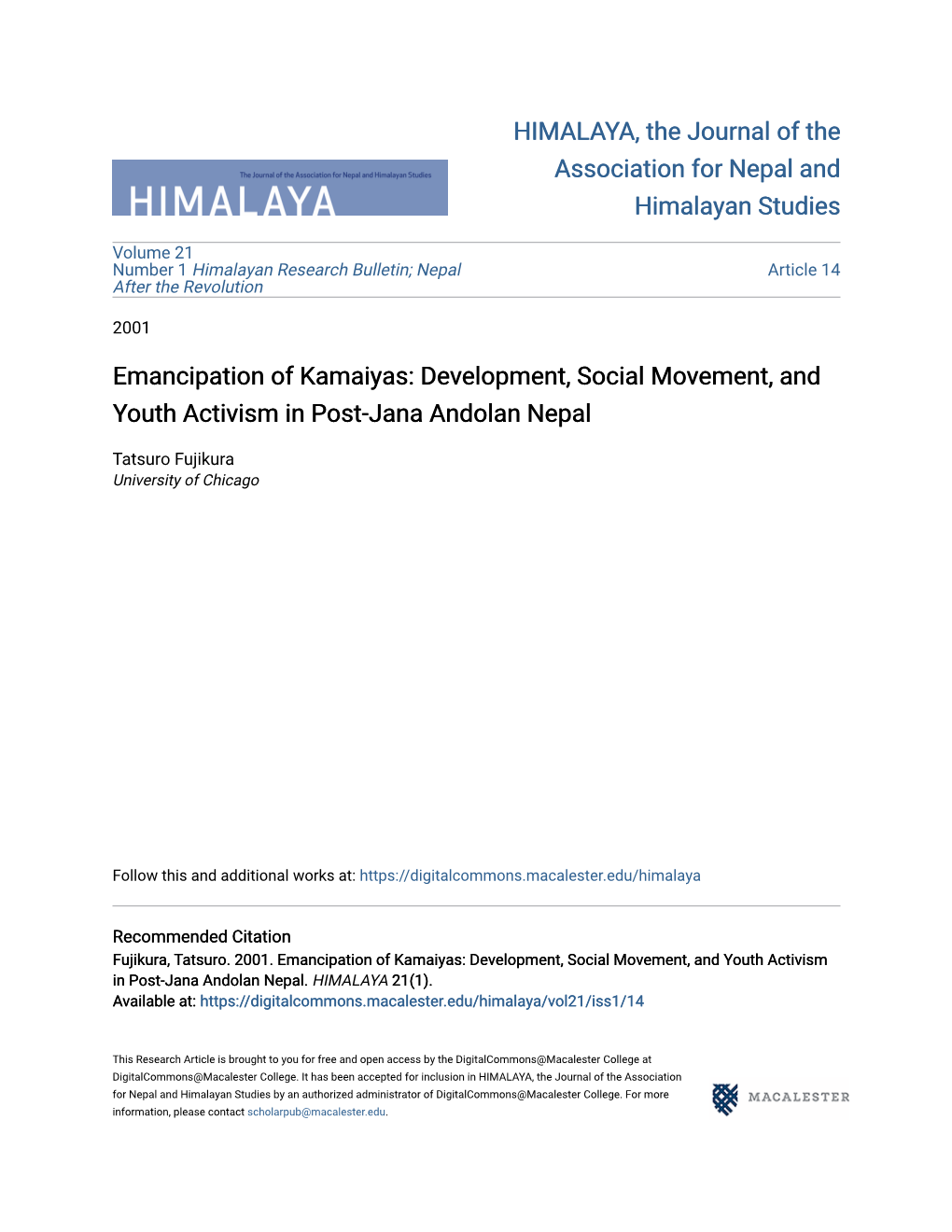 Emancipation of Kamaiyas: Development, Social Movement, and Youth Activism in Post-Jana Andolan Nepal