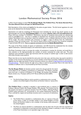 London Mathematical Society Prizes 2016