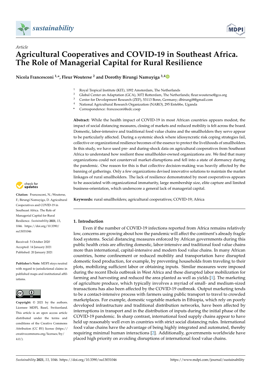 Agricultural Cooperatives and COVID-19 in Southeast Africa. the Role of Managerial Capital for Rural Resilience
