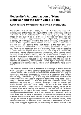 Modernity's Automatization of Man: Biopower and the Early Zombie Film