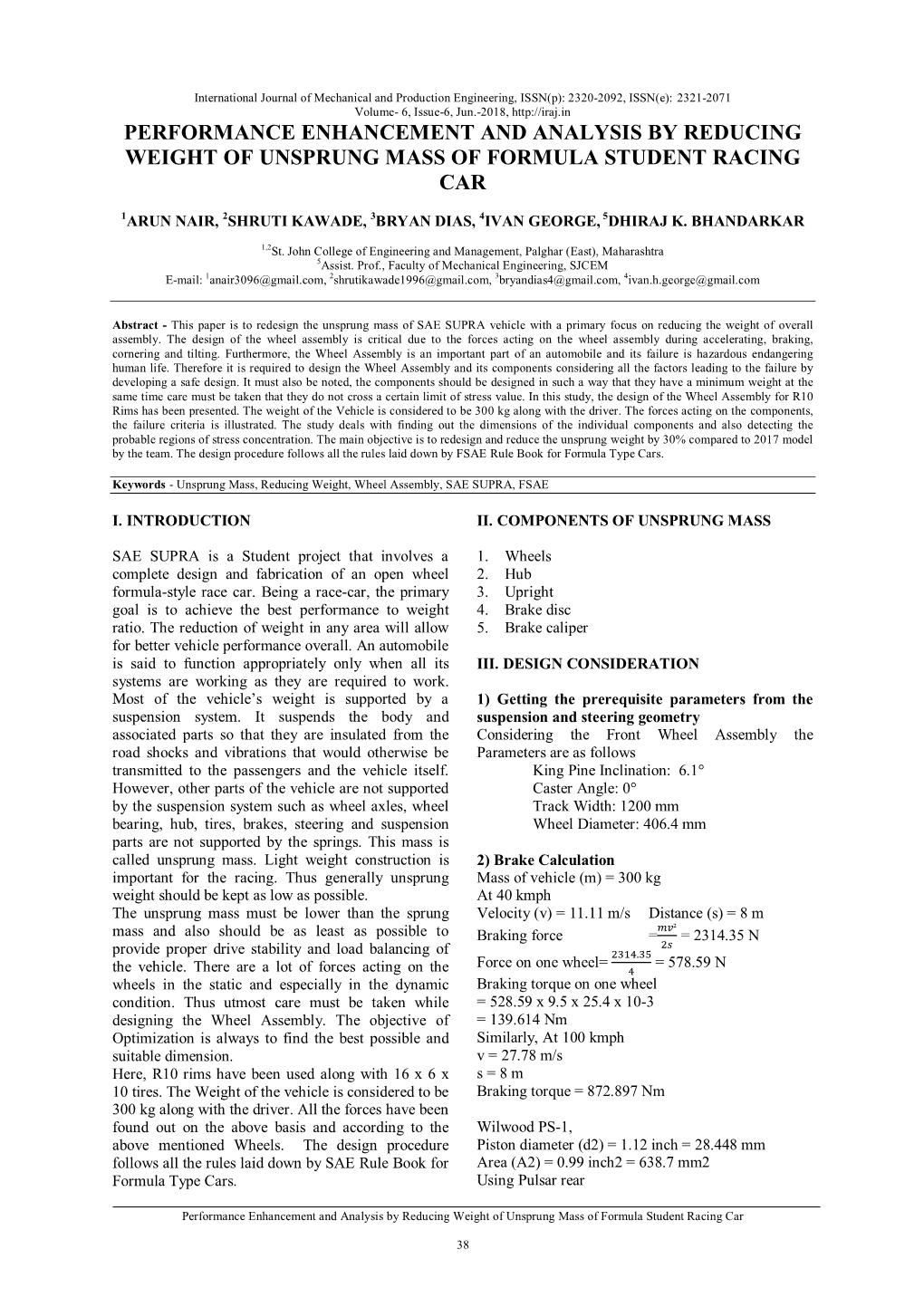 Performance Enhancement and Analysis by Reducing Weight of Unsprung Mass of Formula Student Racing Car