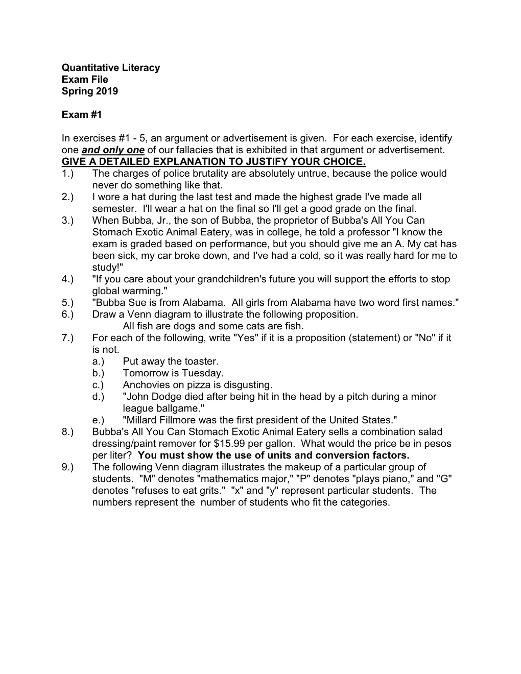 Quantitative Literacy Exam File Spring 2019 Exam #1 in Exercises #1