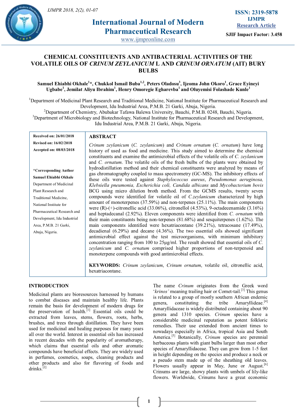 International Journal of Modern Pharmaceutical Research