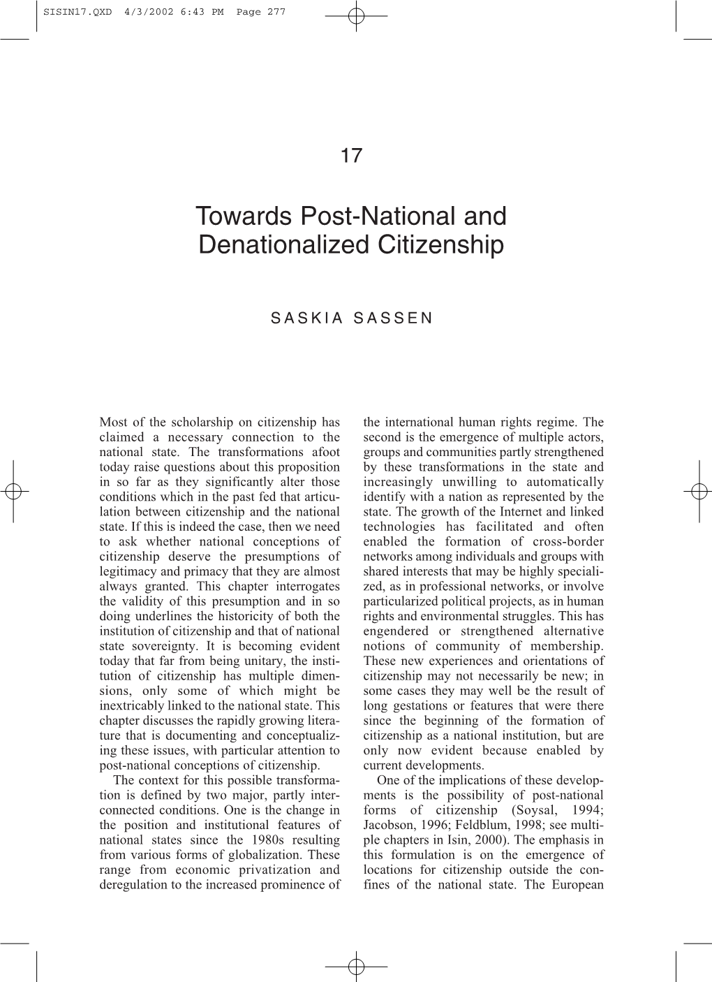 Towards Post-National and Denationalized Citizenship