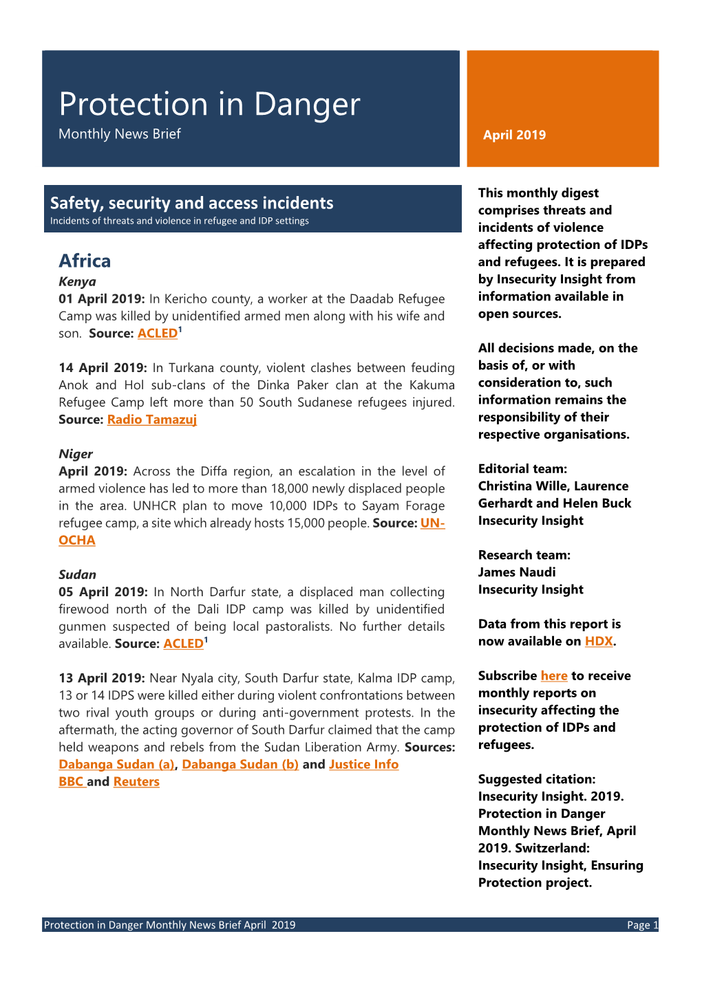 Protection in Danger Monthly News Brief April 2019