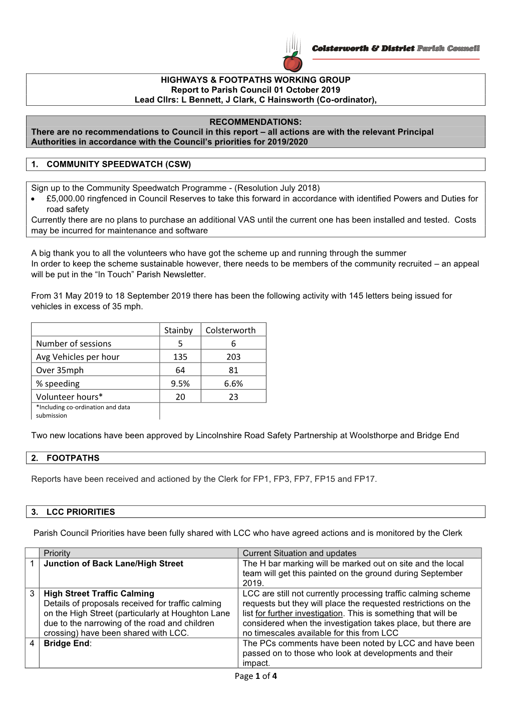 Highways & Footpaths Report October 2019