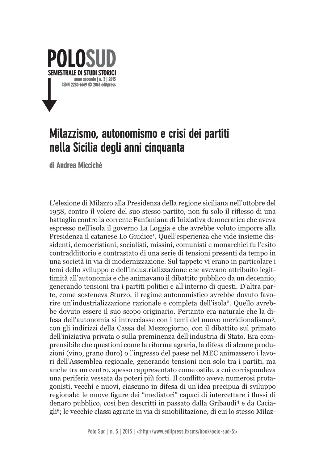 Milazzismo, Autonomismo E Crisi Dei Partiti Nella Sicilia Degli Anni Cinquanta Di Andrea Miccichè