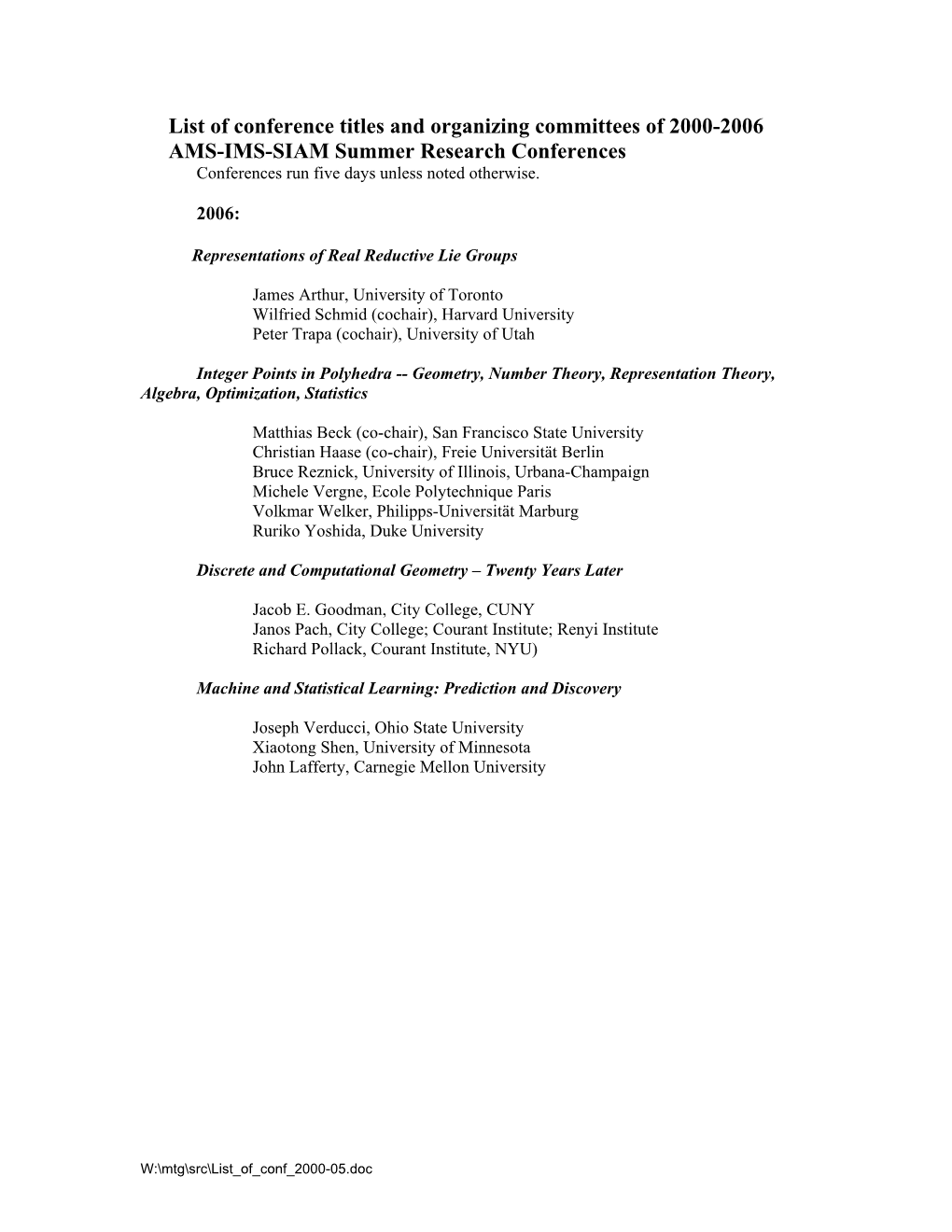 List of Conference Titles and Organizing Committees of 2000-2005 Conference