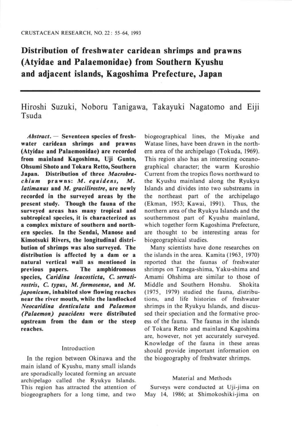 Distribution of Freshwater Caridean Shrimps and Prawns (Atyidae (Atyidae and Palaemonidae) from Southern Kyushu and Adjacent Islands ，Kagoshima Prefecture ，Japan