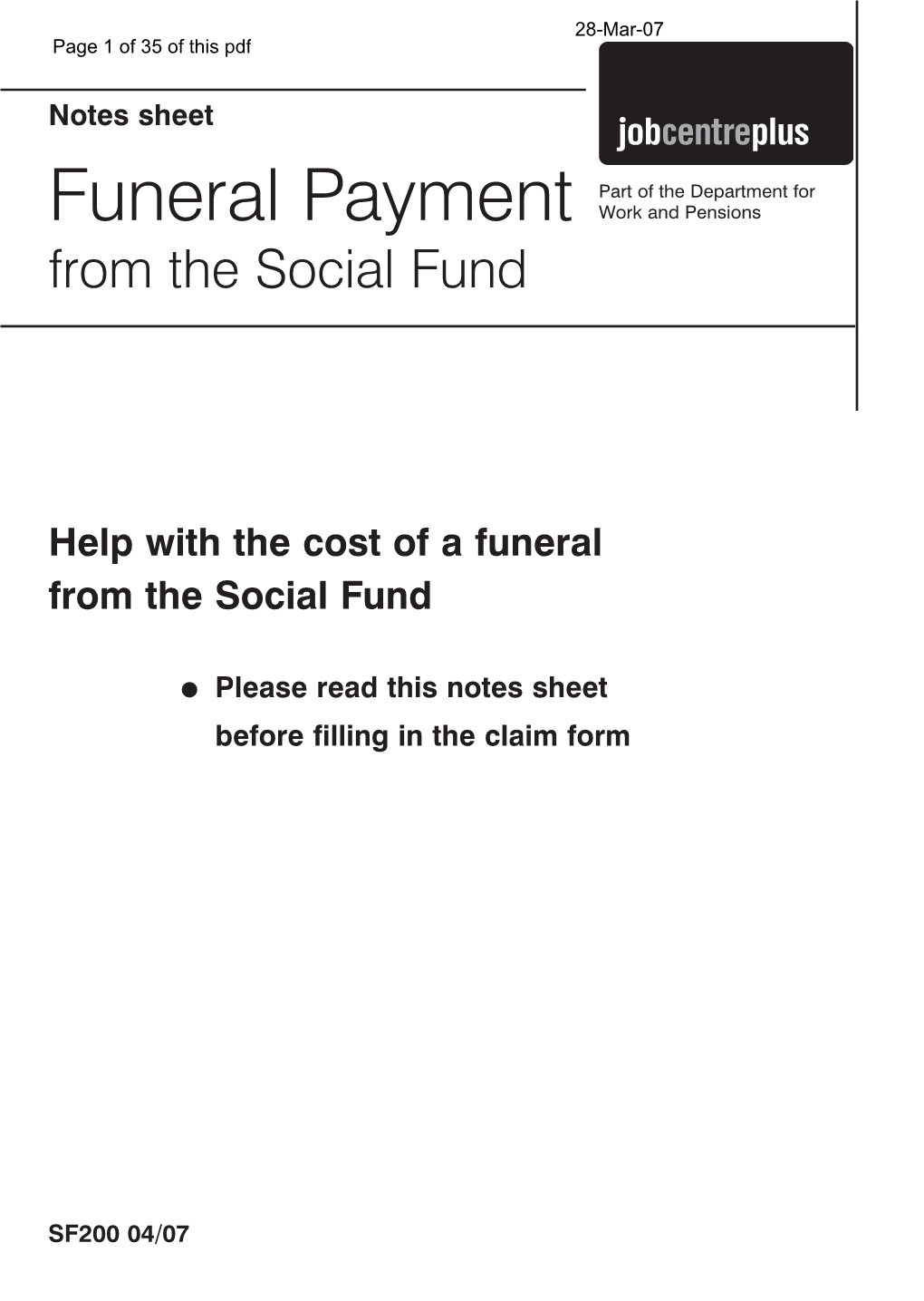 Funeral Payment Work and Pensions from the Social Fund