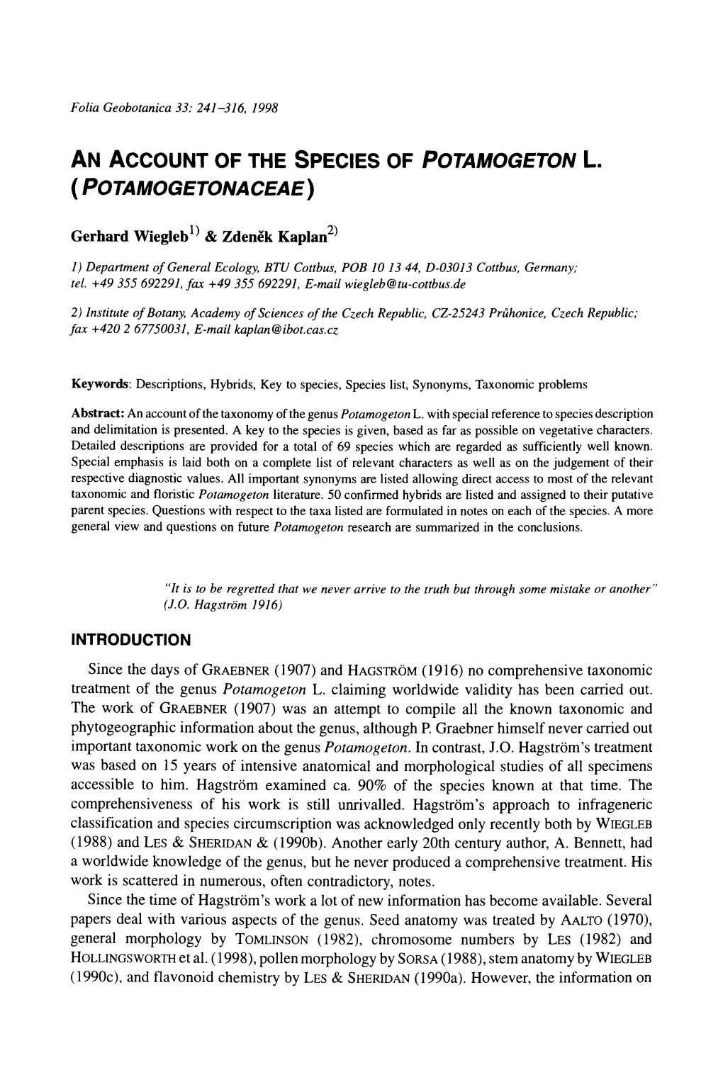 An Account of the Species of Potamogeton L. (Potamogetonaceae)