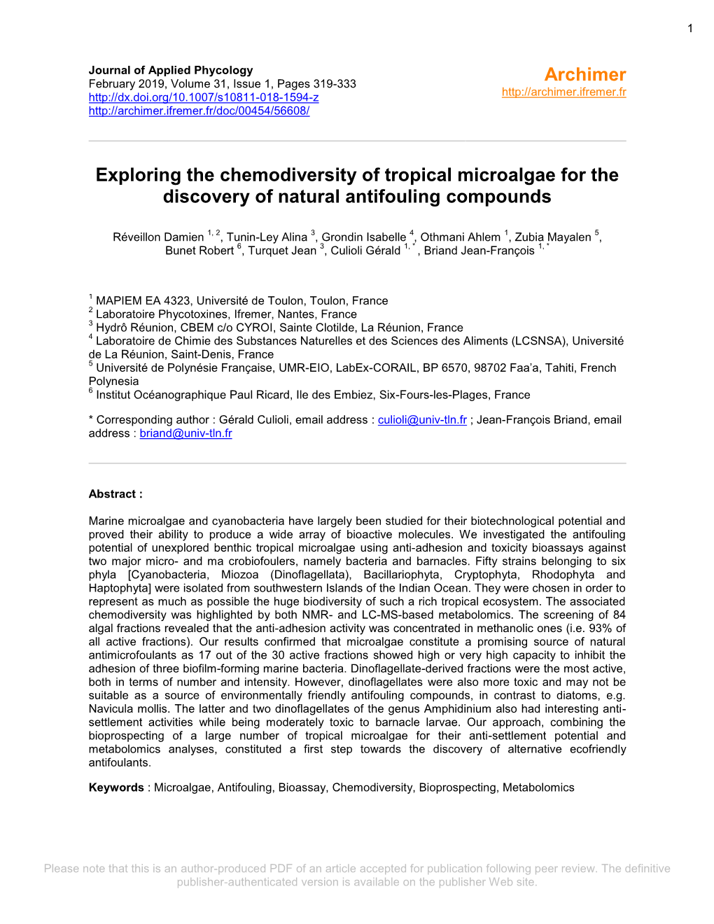 Exploring the Chemodiversity of Tropical Microalgae for the Discovery of Natural Antifouling Compounds