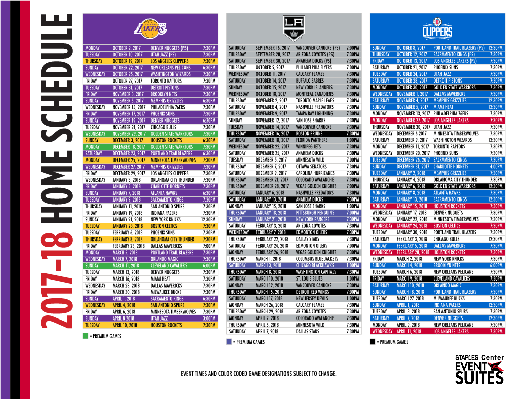 Event Times and Color Coded Game Designations Subject