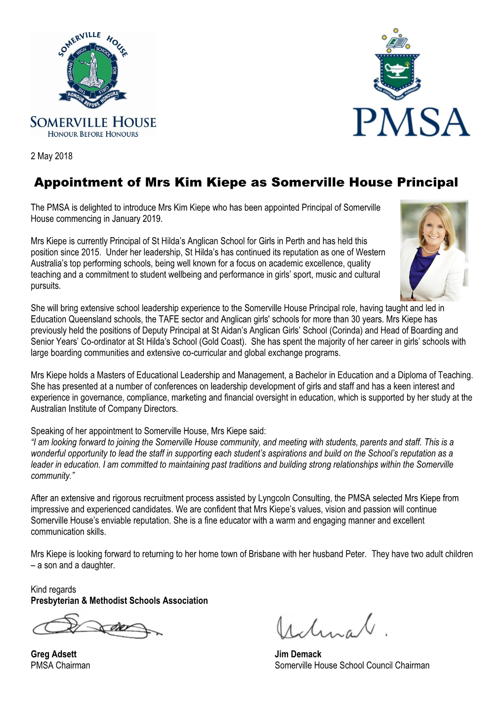 Appointment of Mrs Kim Kiepe As Somerville House Principal
