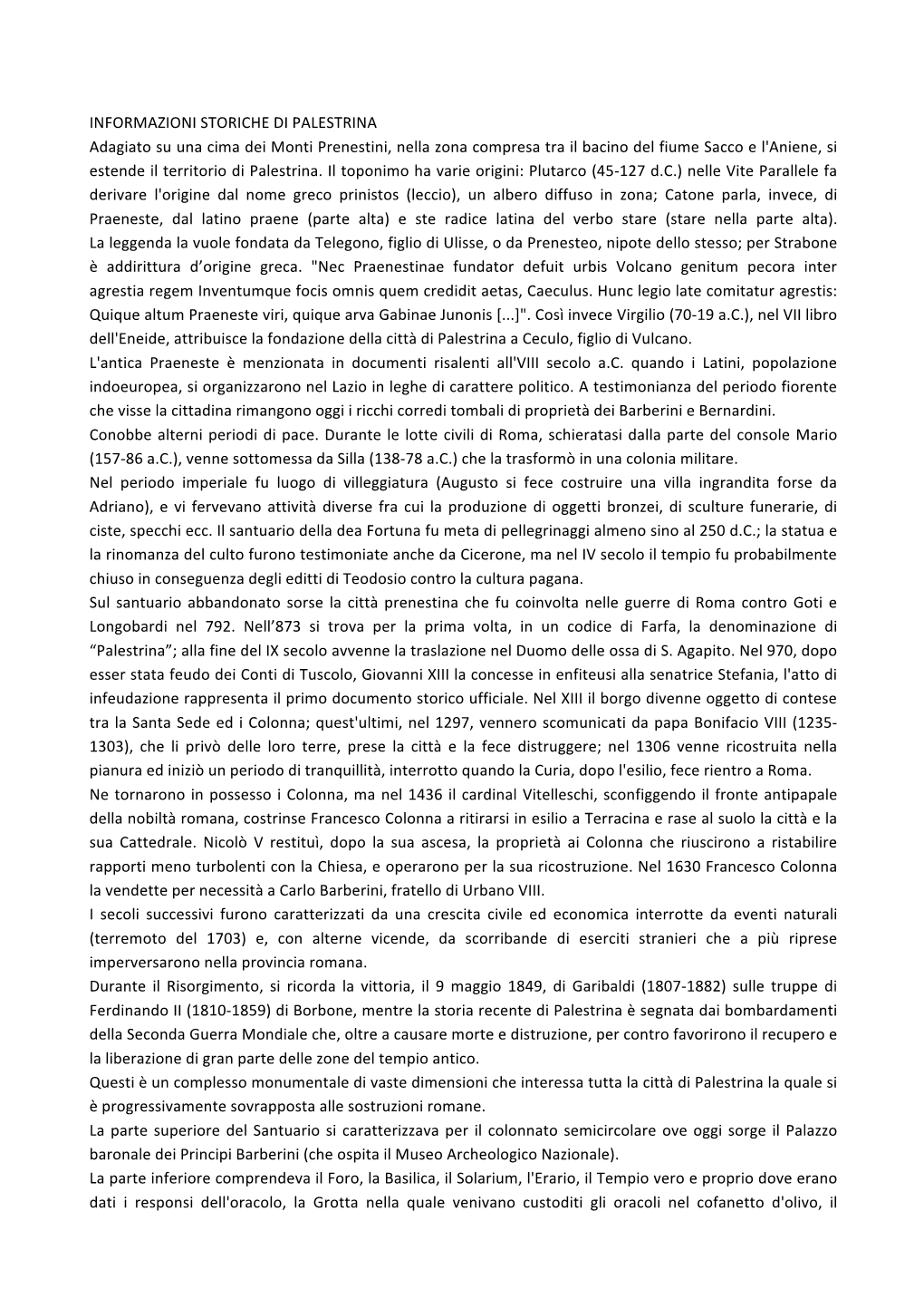 Informazioni Storiche Di Palestrina