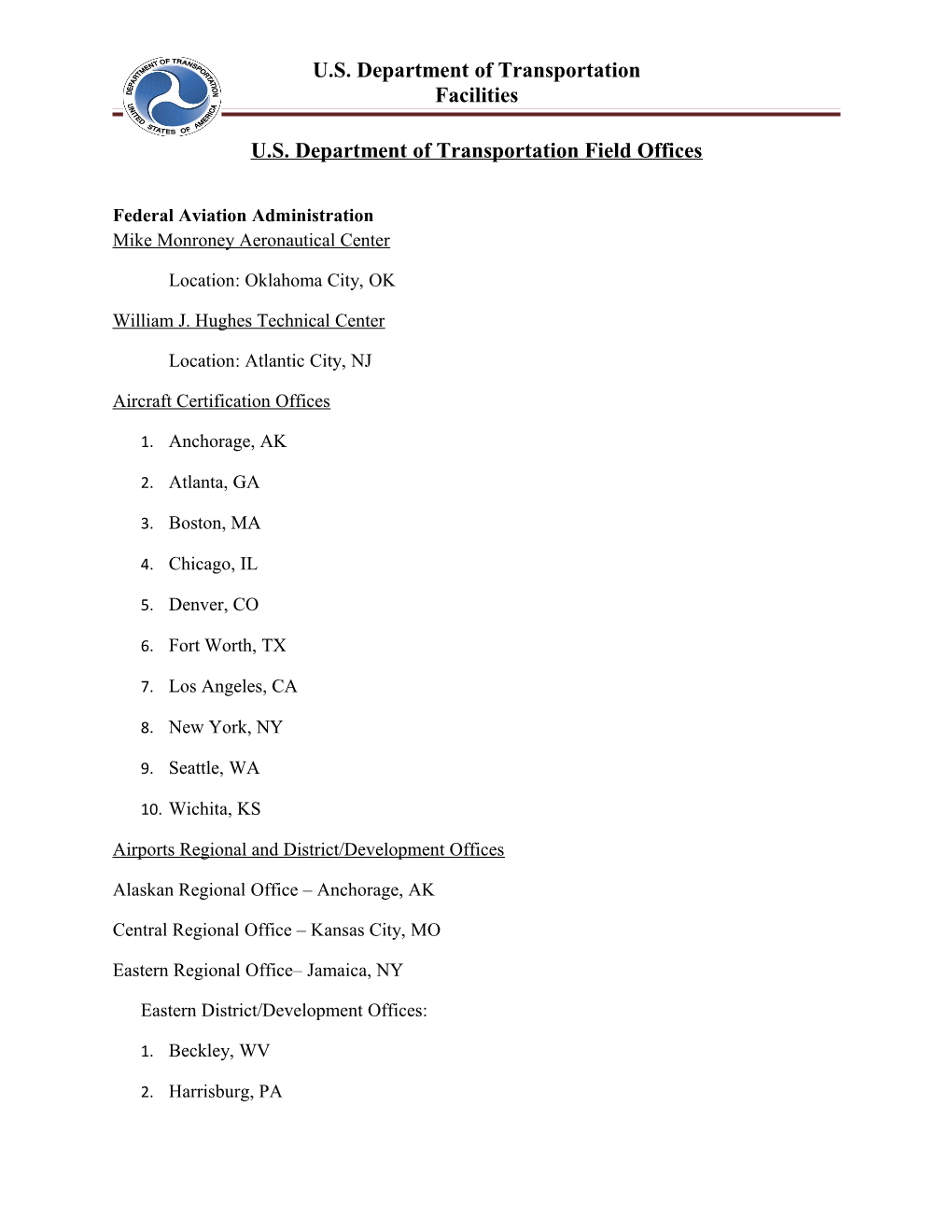 U.S. Department of Transportation Field Offices