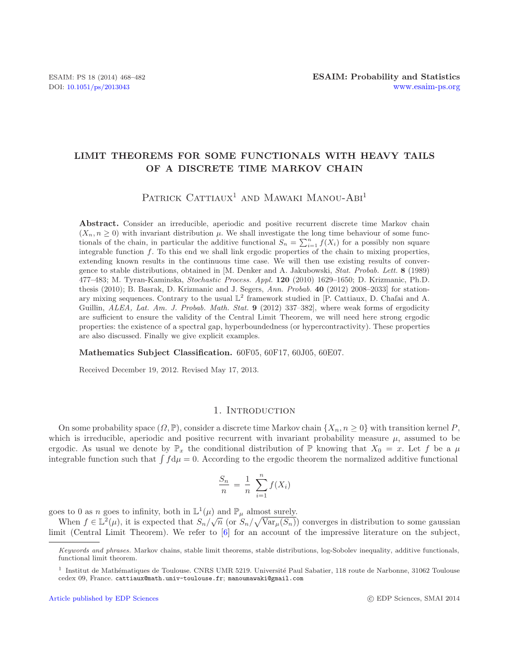 Limit Theorems for Some Functionals with Heavy Tails of a Discrete Time Markov Chain