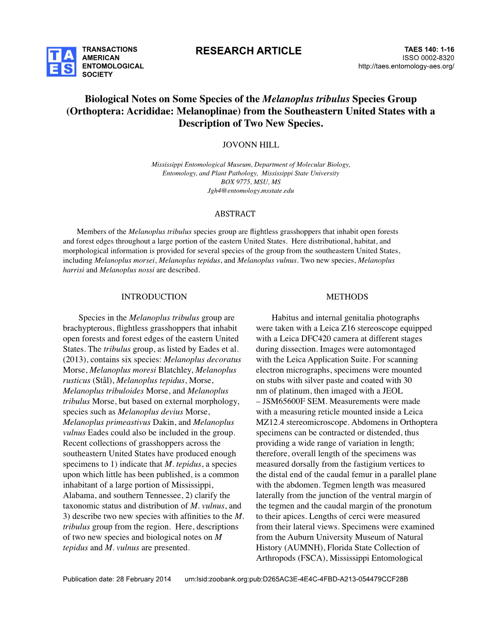 Orthoptera: Acrididae: Melanoplinae) from the Southeastern United States with a Description of Two New Species