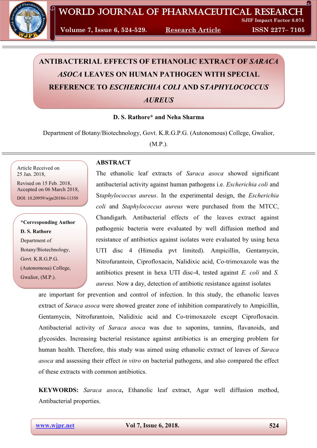 World Journal of Pharmaceutical Research SJIF Impact Factor 8.074 Rathore Et Al