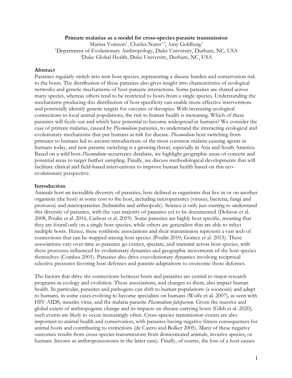 1 Primate Malarias As a Model for Cross-Species Parasite Transmission