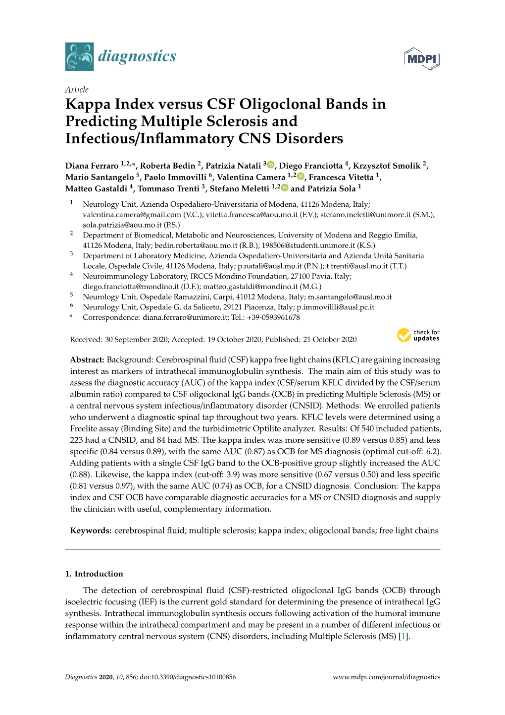 Kappa Index Versus CSF Oligoclonal Bands in Predicting Multiple Sclerosis and Infectious/Inflammatory CNS Disorders