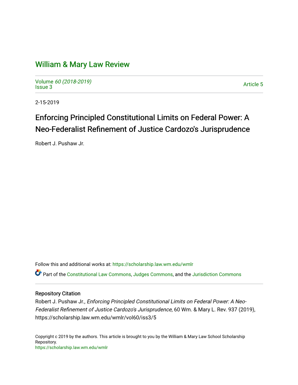 A Neo-Federalist Refinement of Justice Cardozo's Jurisprudence