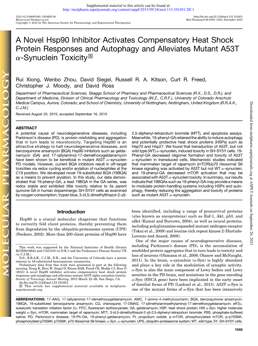 A Novel Hsp90 Inhibitor Activates Compensatory Heat Shock Protein Responses and Autophagy and Alleviates Mutant A53T A-Synuclein Toxicity S