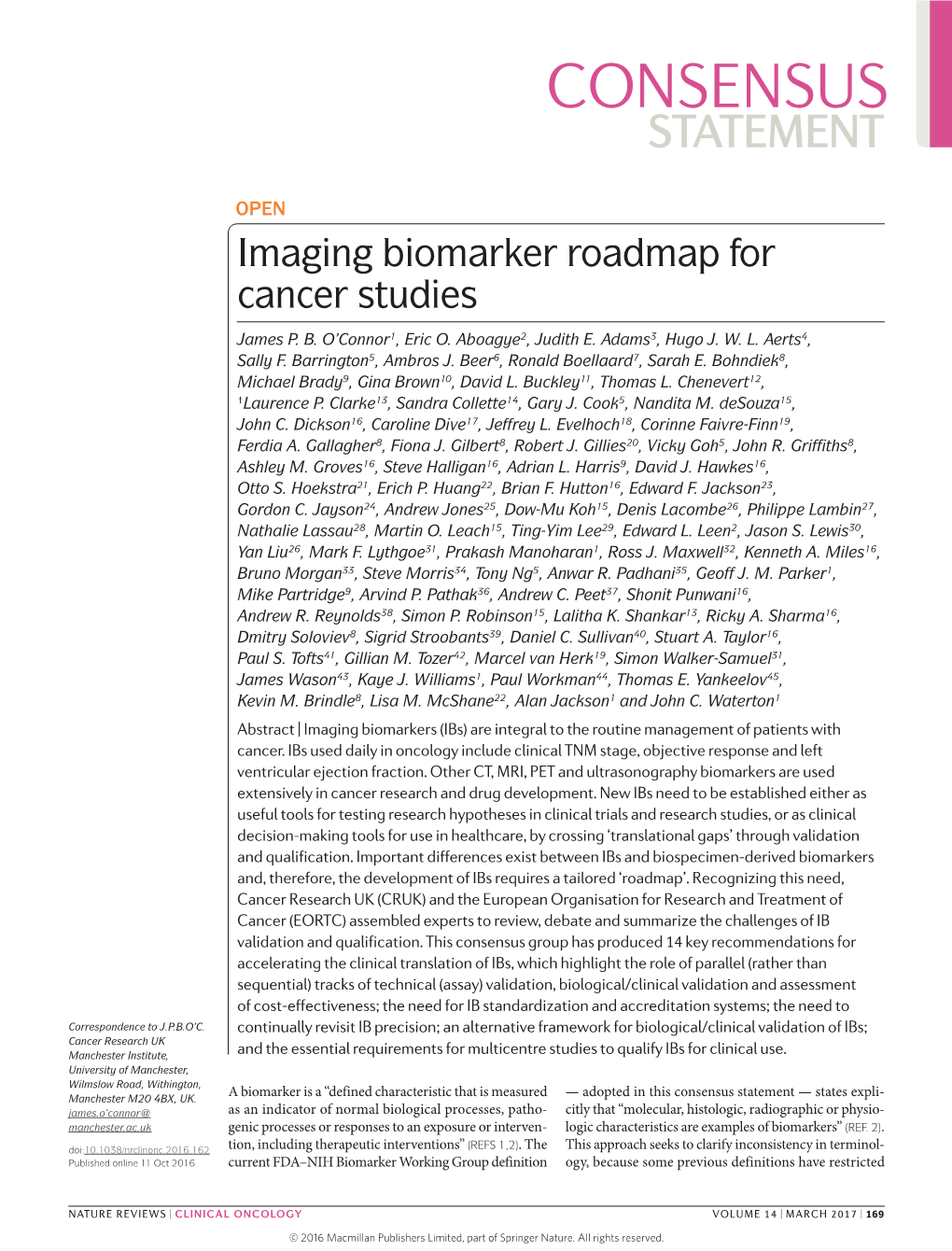 Imaging Biomarker Roadmap for Cancer Studies James P