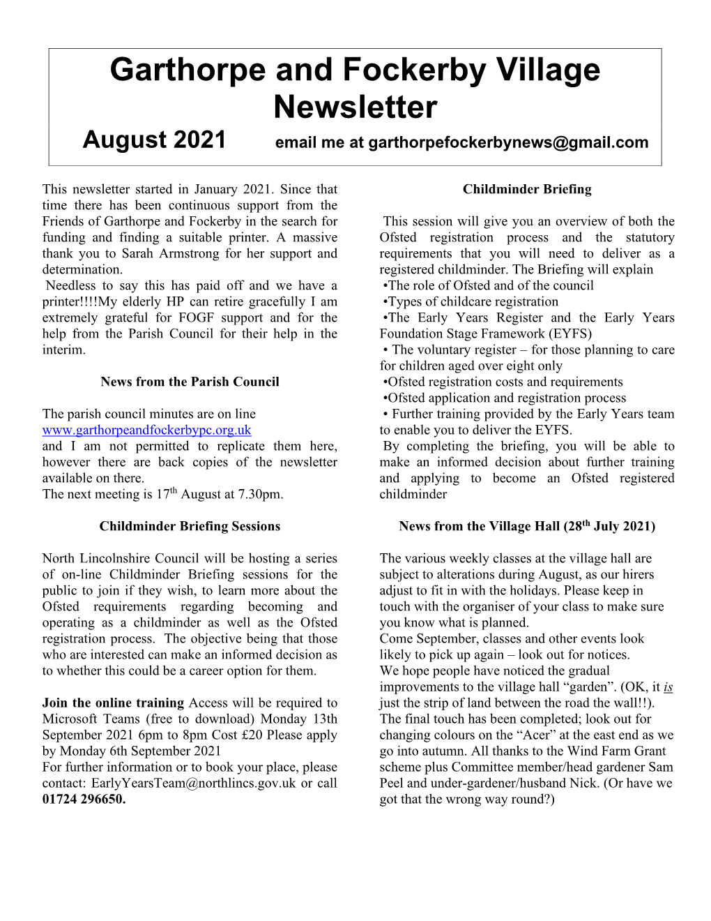 Garthorpe and Fockerby Village Newsletter August 2021 Email Me at Garthorpefockerbynews@Gmail.Com