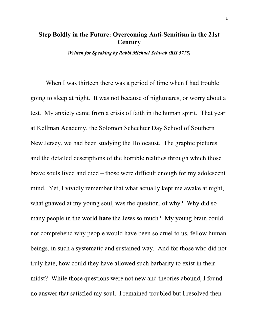 Overcoming Anti-Semitism in the 21St Century Written for Speaking by Rabbi Michael Schwab (RH 5775)