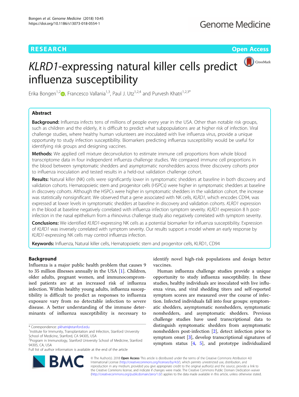 KLRD1-Expressing Natural Killer Cells Predict Influenza Susceptibility Erika Bongen1,2 , Francesco Vallania1,3, Paul J
