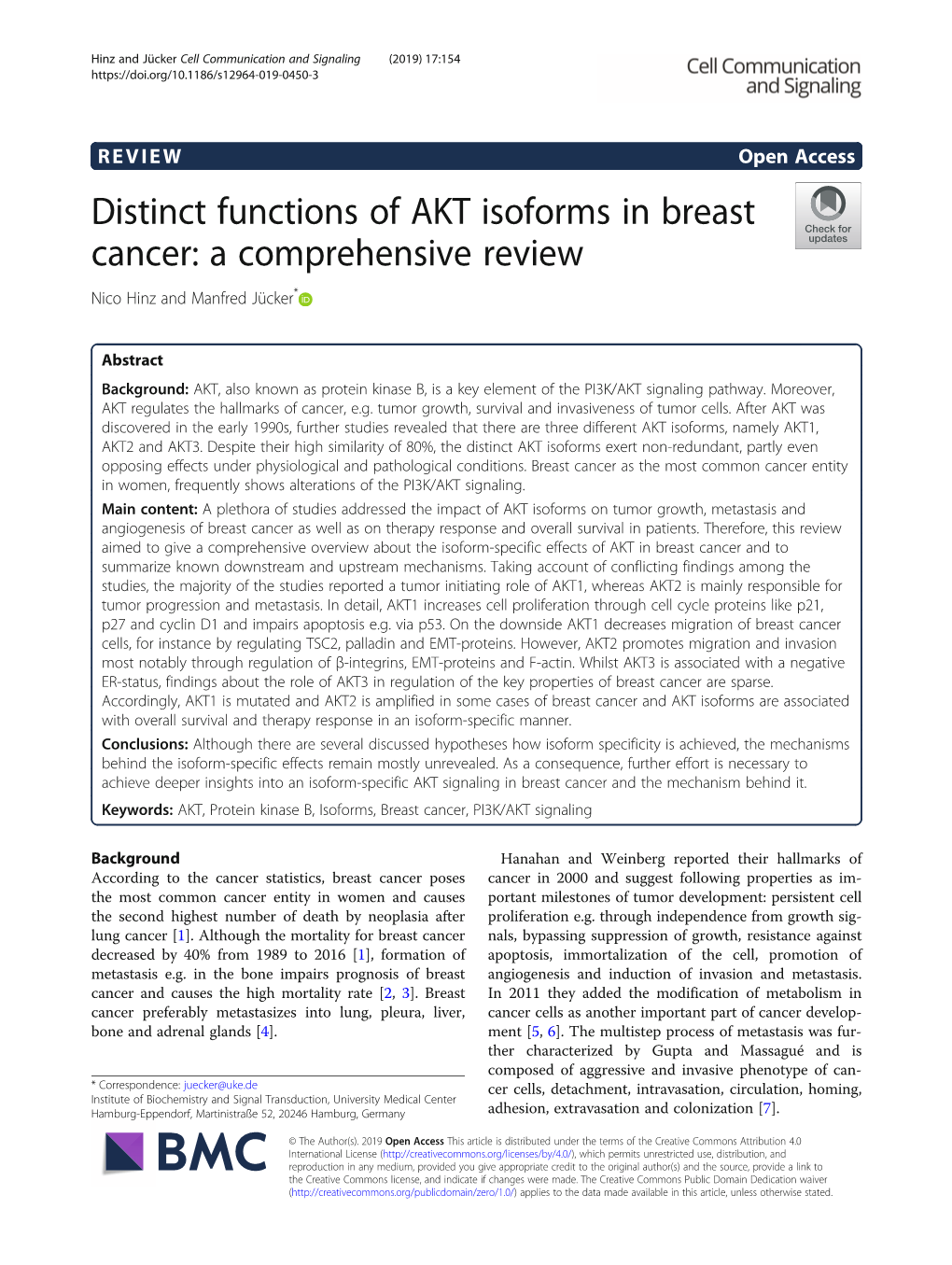 Distinct Functions of AKT Isoforms in Breast Cancer: a Comprehensive Review Nico Hinz and Manfred Jücker*
