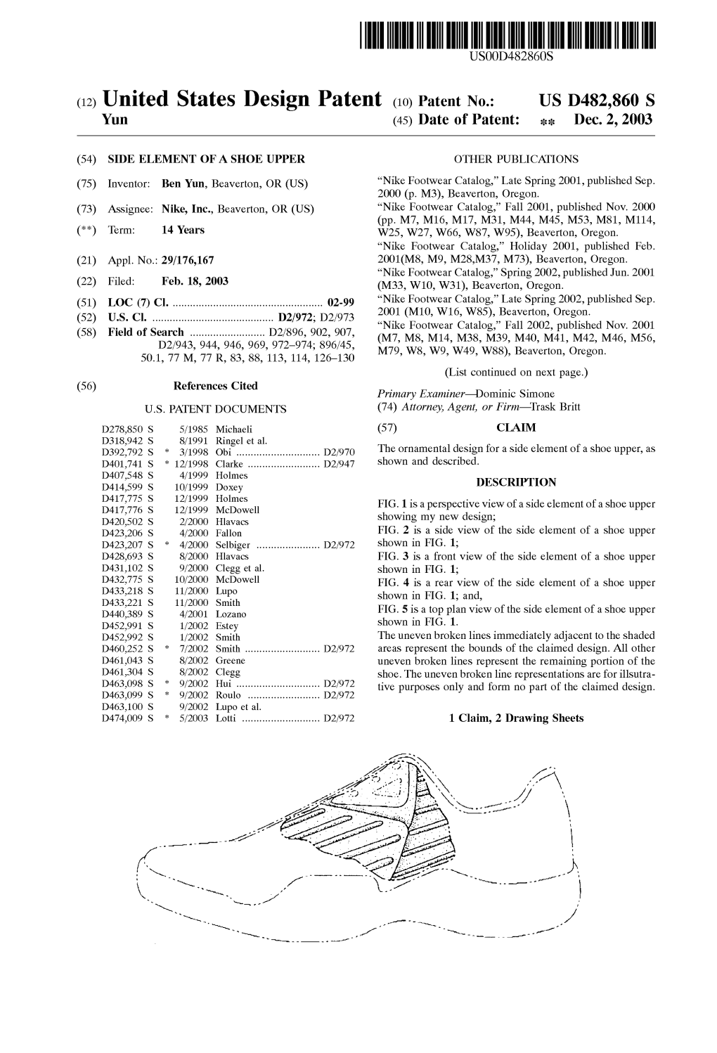 (12) United States Design Patent (10) Patent N0.2 US D482,860 S Yun (45) Date of Patent: ** Dec