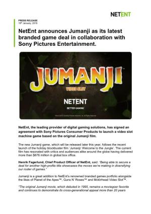Netent Announces Jumanji As Its Latest Branded Game Deal in Collaboration with Sony Pictures Entertainment
