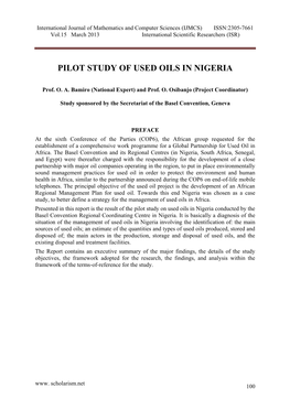 National Analysis of Used Oil Management in Nigeria