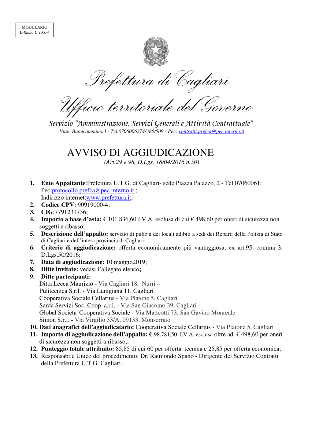 Prefettura Di Cagliari Ufficio Territoriale Del Governo