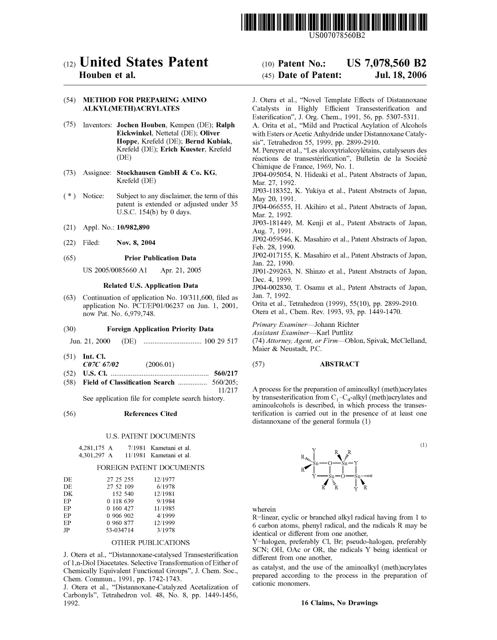 (12) United States Patent (10) Patent No.: US 7,078,560 B2 Houben Et Al