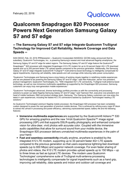 Qualcomm Snapdragon 820 Processor Powers Next Generation Samsung Galaxy S7 and S7 Edge