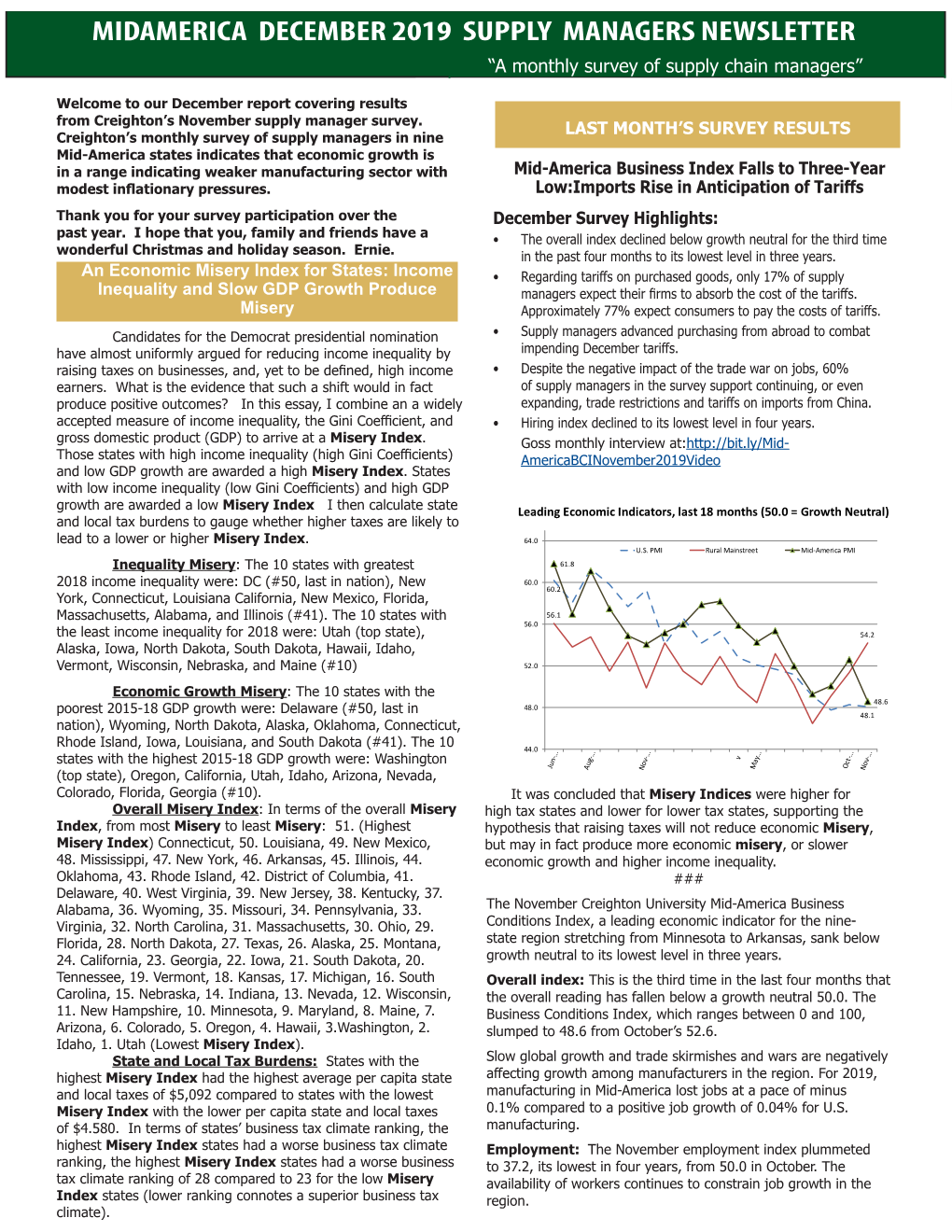 MIDAMERICA DECEMBER 2019 SUPPLY MANAGERS NEWSLETTER “A Monthly Survey of Supply Chain Managers”