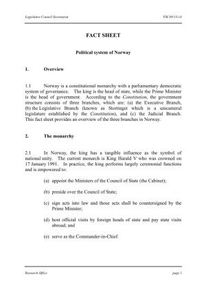 Fact Sheet on "Political System of Norway"