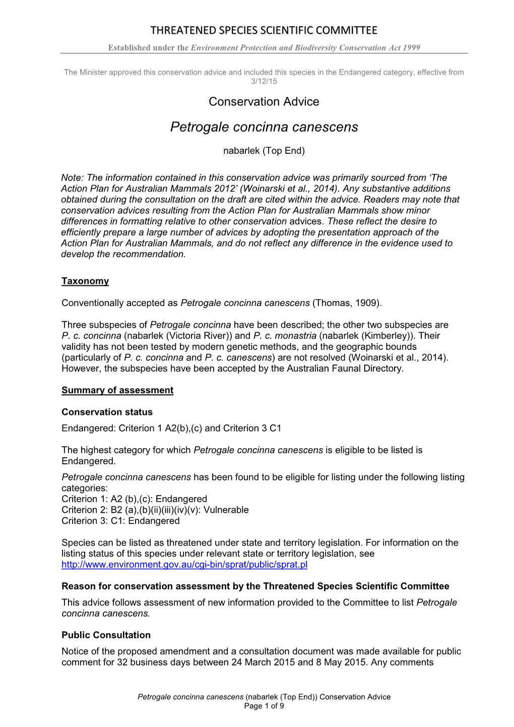 Conservation Advice Petrogale Concinna Canescens Nabarlek