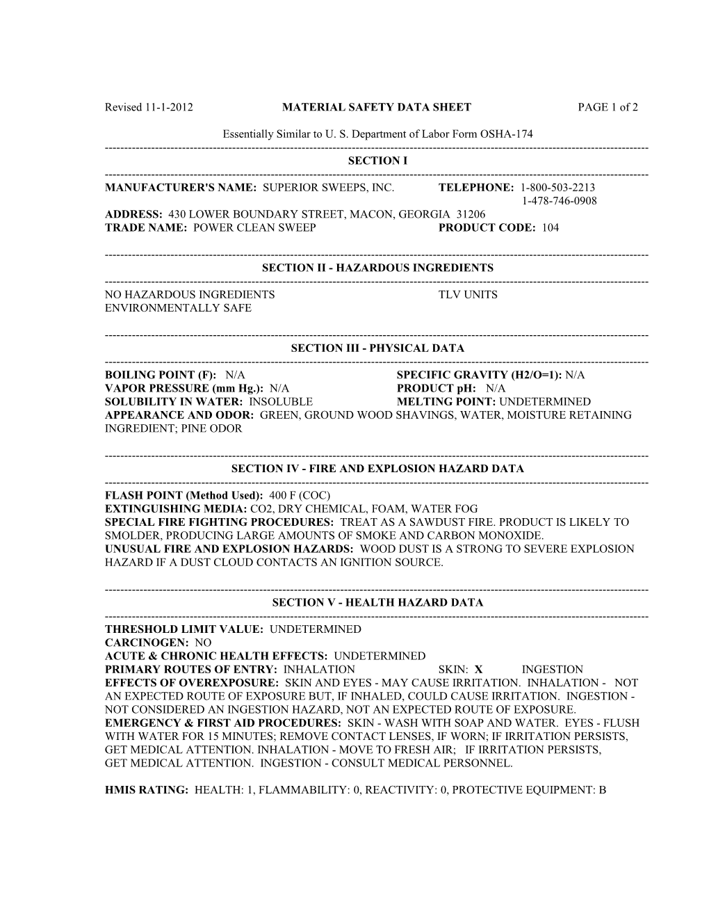 Revised 11-1-2012 MATERIAL SAFETY DATA SHEET PAGE 1 of 2