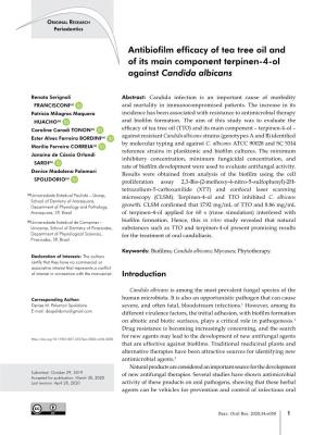 Antibiofilm Efficacy of Tea Tree Oil and of Its Main Component Terpinen-4-Ol Against Candida Albicans